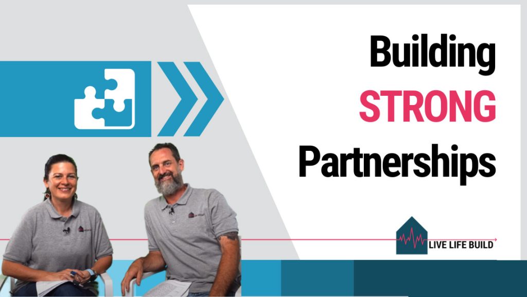 Building Strong Partnerships in the Custom Home Industry title on white background with photo of Amelia Lee and Duayne Pearce and Live Life Build Logo